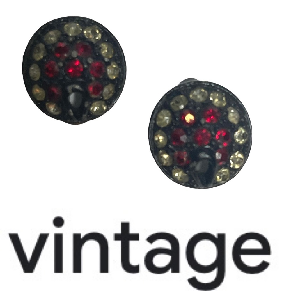 Vintage Bronze Button Clip Back Earrings w/faux Ruby and Amber Rhinestones
